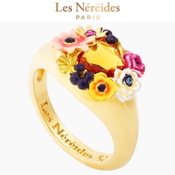 LES NEREIDES Little Garden Poppy Flower and Faceted Glass Stone COCKTAIL RING! - Picture 1 of 15